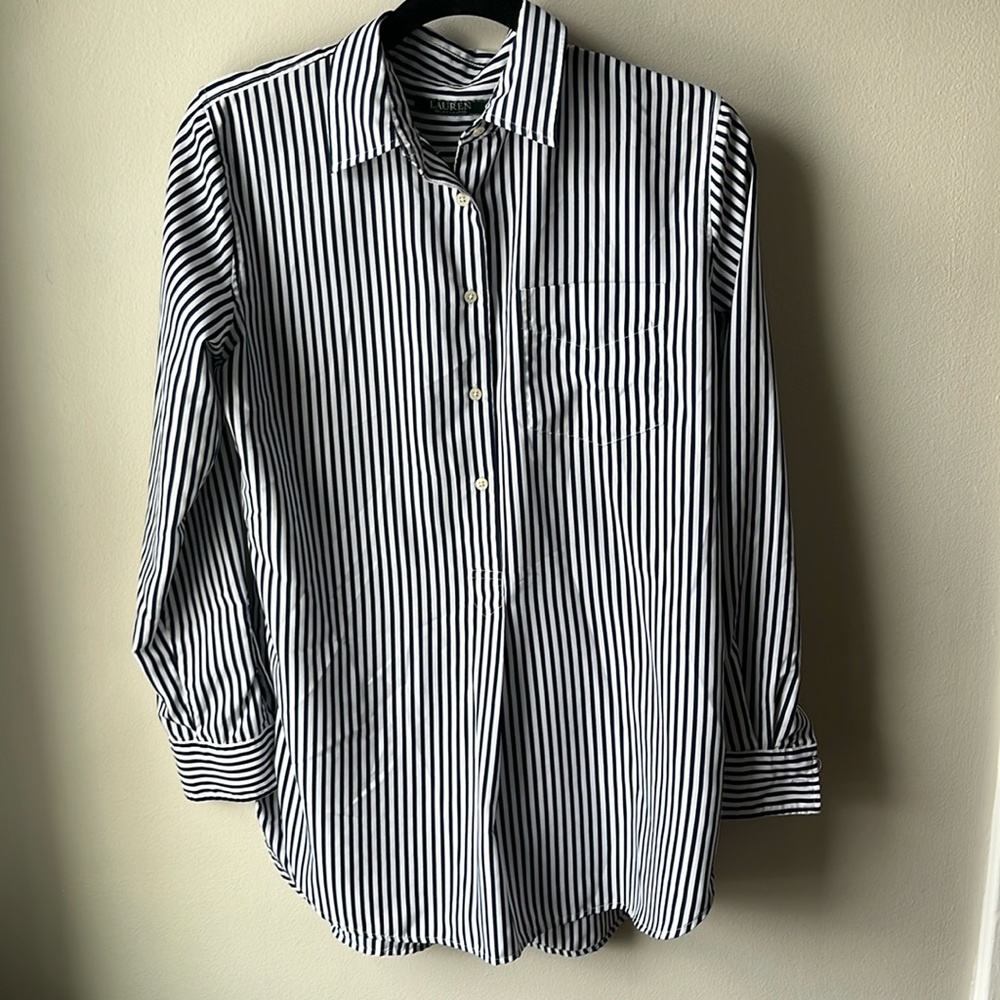 LAUREN RALPH LAUREN Navy and White Stripe Blouse